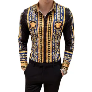 2019 summer new long sleeve net red shirt for men's Korean version slim tile printed long sleeve shirt 2128-P55