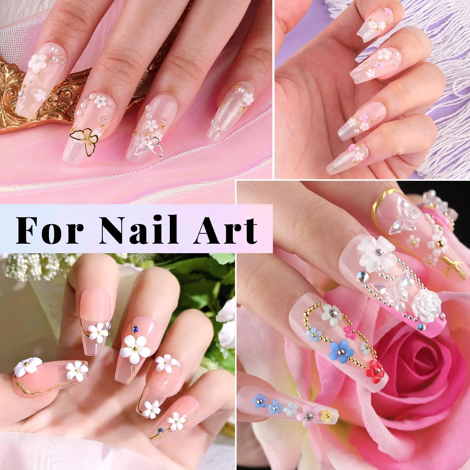 3D Nail Charms, Manicure Kit with Nail Rhinestone Glue Gel (UV Curing), Butterfly Colorful Flower Starry AB Gems Caviar Beads Half Round Pearl & Flatback Glass AB   Clear Gems with Dotting Tools
