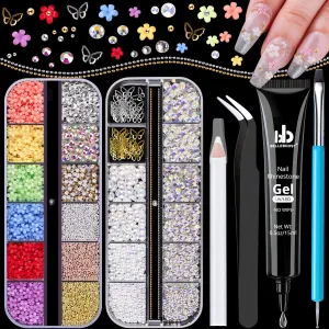 3D Nail Charms, Manicure Kit with Nail Rhinestone Glue Gel (UV Curing), Butterfly Colorful Flower Starry AB Gems Caviar Beads Half Round Pearl & Flatback Glass AB   Clear Gems with Dotting Tools