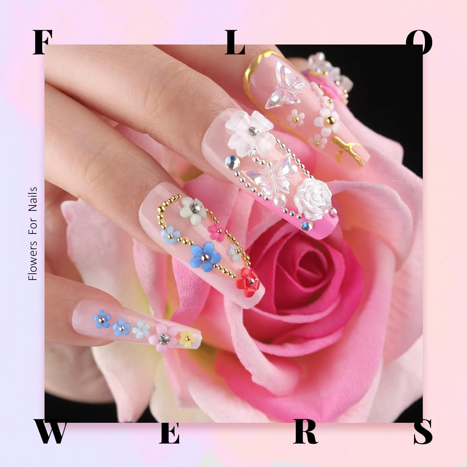 3D Nail Charms, Manicure Kit with Nail Rhinestone Glue Gel (UV Curing), Butterfly Colorful Flower Starry AB Gems Caviar Beads Half Round Pearl & Flatback Glass AB   Clear Gems with Dotting Tools