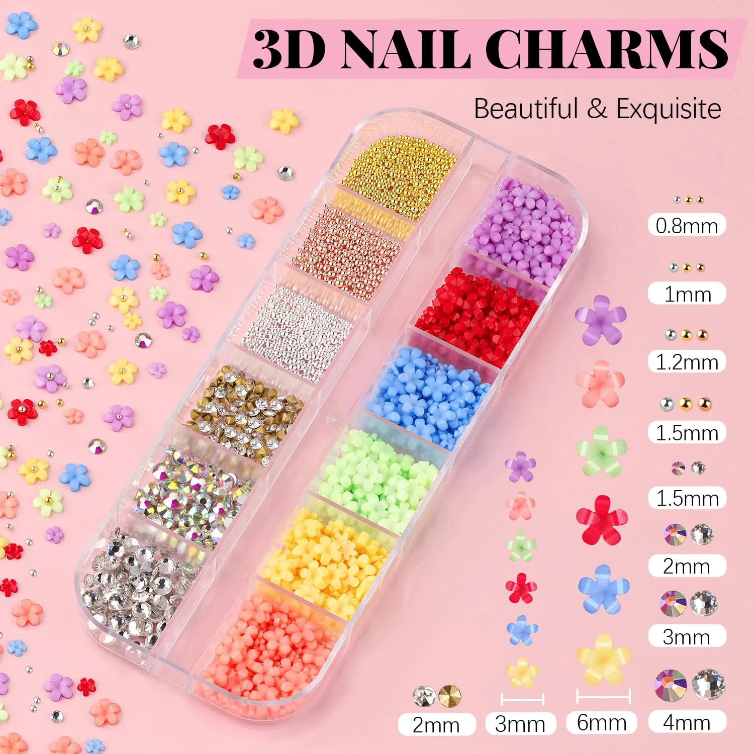 3D Nail Charms, Manicure Kit with Nail Rhinestone Glue Gel (UV Curing), Butterfly Colorful Flower Starry AB Gems Caviar Beads Half Round Pearl & Flatback Glass AB   Clear Gems with Dotting Tools