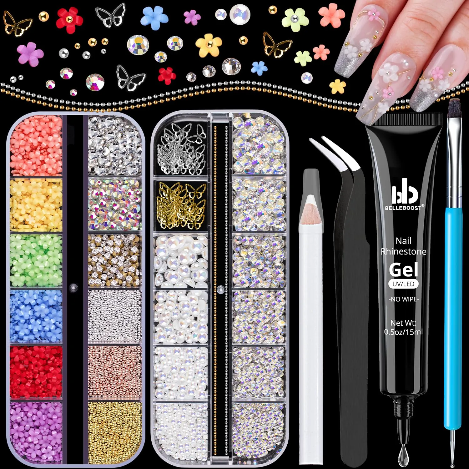 3D Nail Charms, Manicure Kit with Nail Rhinestone Glue Gel (UV Curing), Butterfly Colorful Flower Starry AB Gems Caviar Beads Half Round Pearl & Flatback Glass AB   Clear Gems with Dotting Tools
