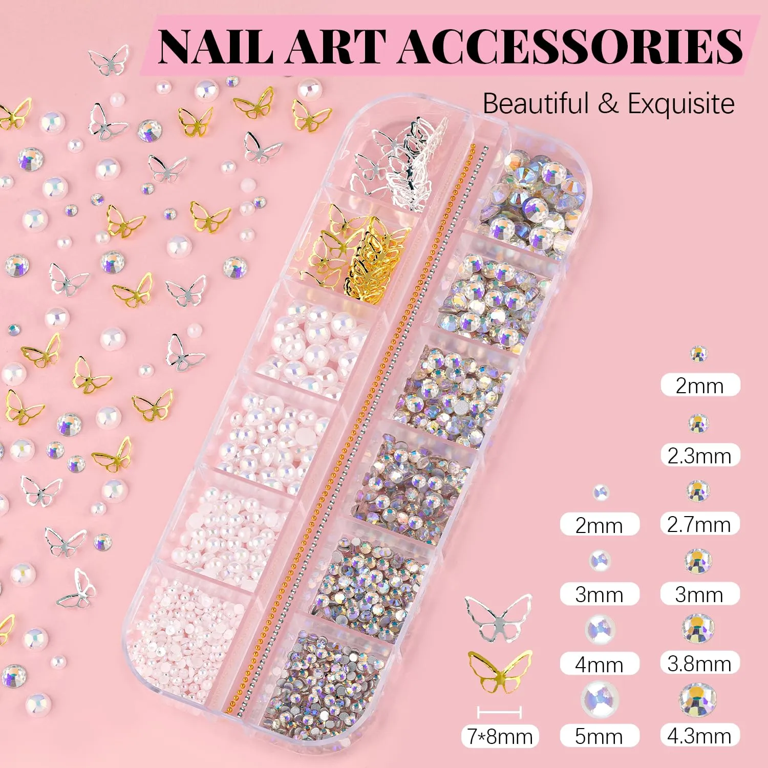 3D Nail Charms, Manicure Kit with Nail Rhinestone Glue Gel (UV Curing), Butterfly Colorful Flower Starry AB Gems Caviar Beads Half Round Pearl & Flatback Glass AB   Clear Gems with Dotting Tools