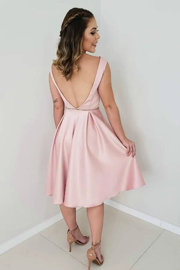 A-Line Pink Satin Backless Short Prom Dress Homecoming Dress  PD311