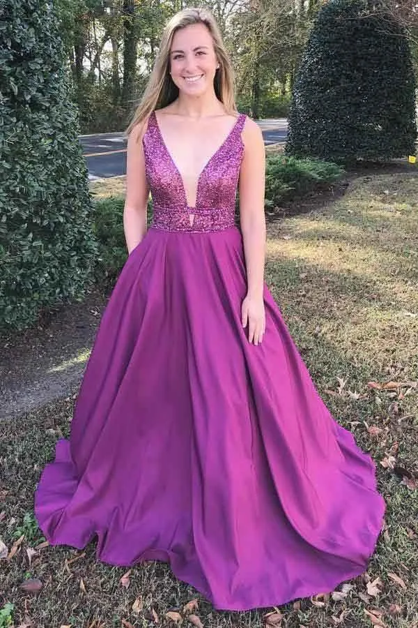 A-Line V-Neck Sweep Train Fuchsia Prom Dress with Beading Pockets PSK051