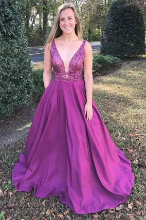 A-Line V-Neck Sweep Train Fuchsia Prom Dress with Beading Pockets PSK051