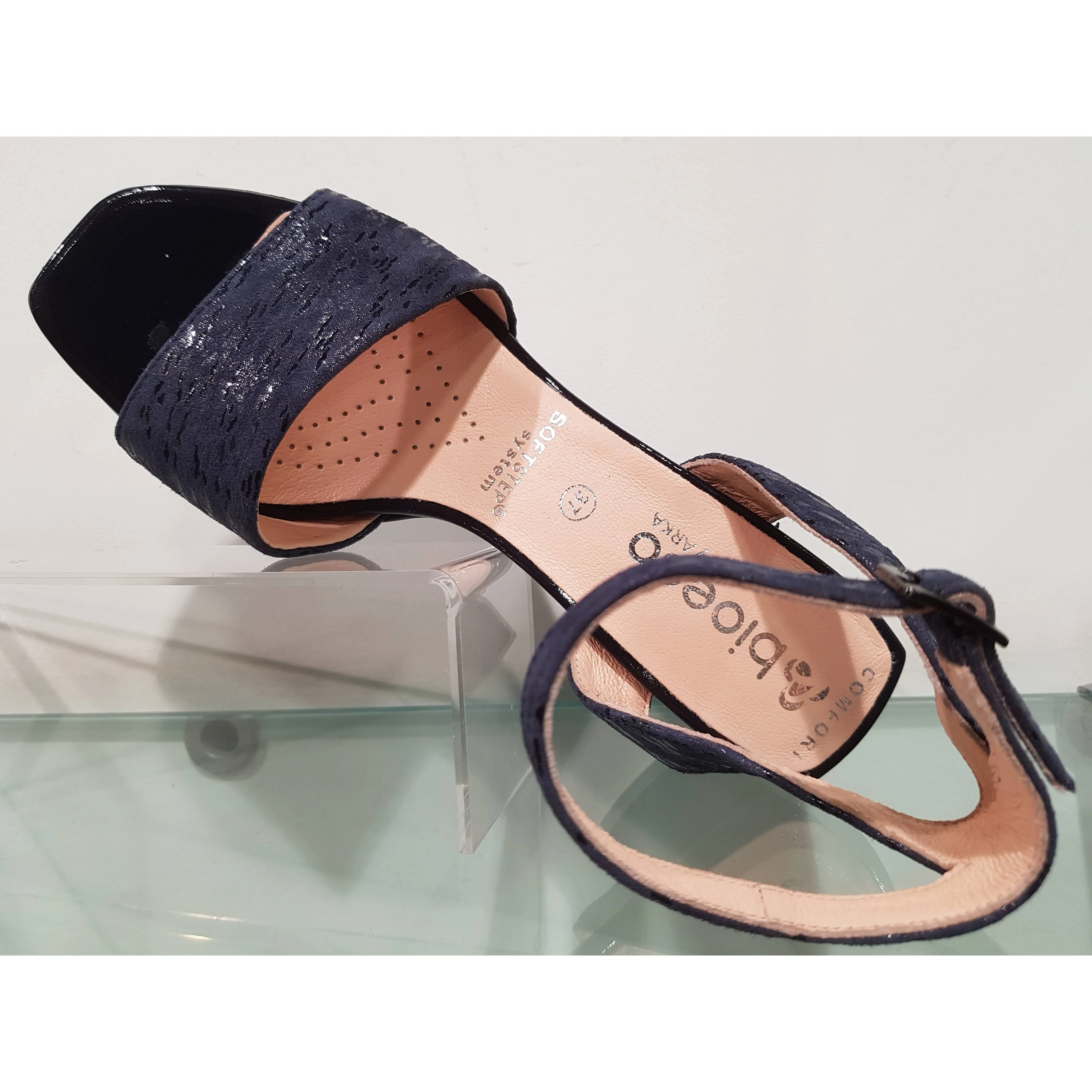 Bioeco 3942 Navy Block Heel Dress Sandal matching bag available
