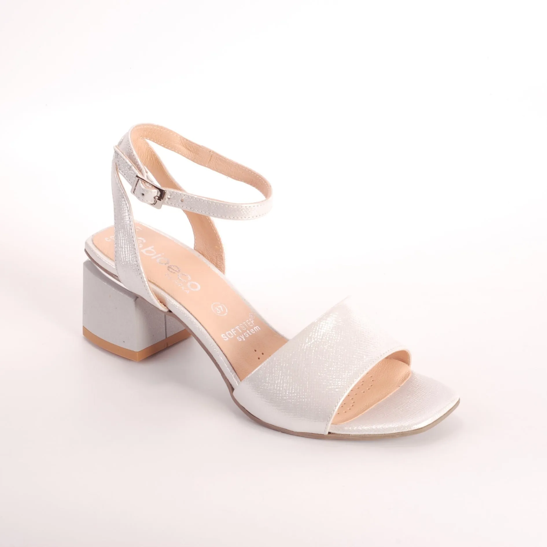 Bioeco 3942 Silver Block Heel Dress Sandal matching bag available