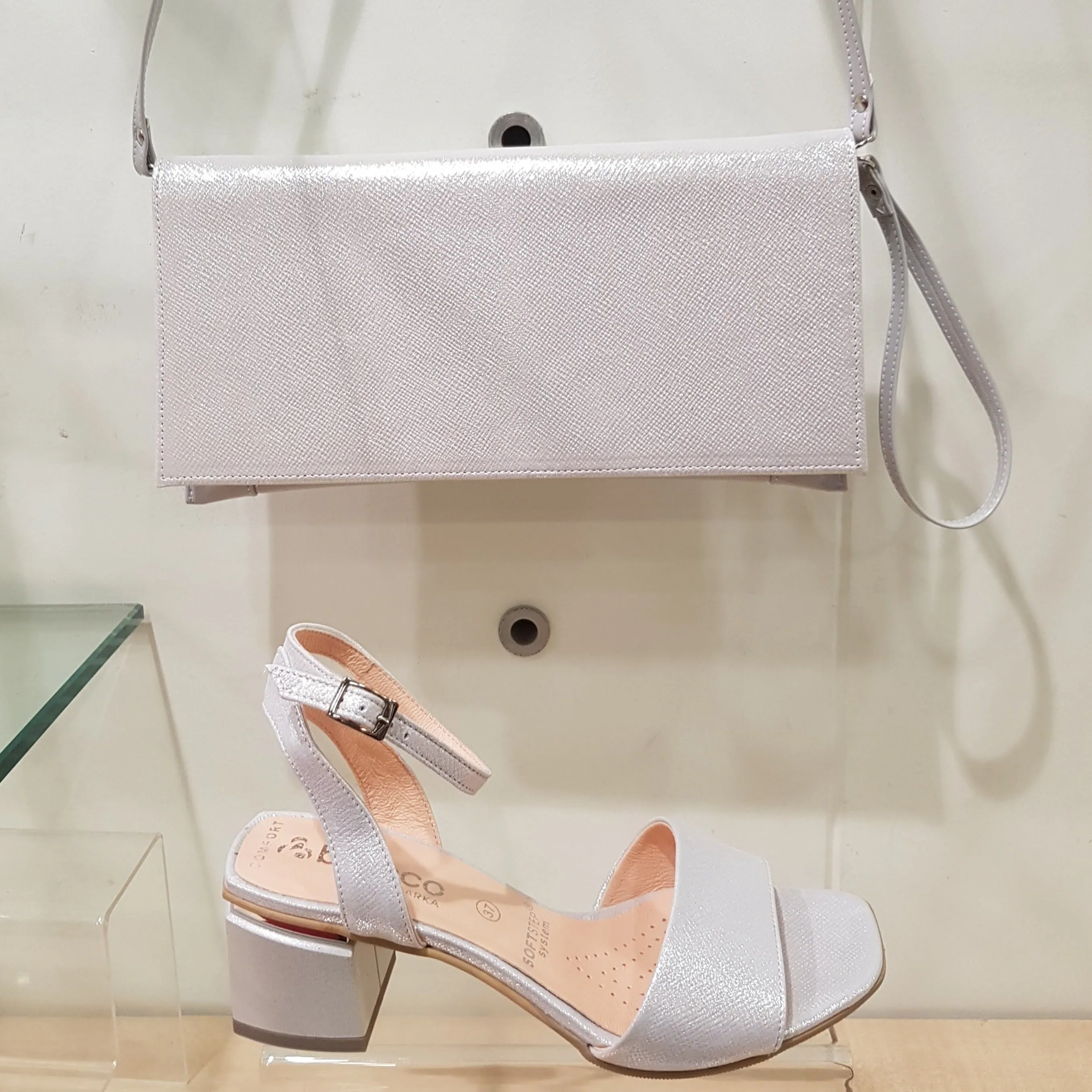 Bioeco 3942 Silver Block Heel Dress Sandal matching bag available