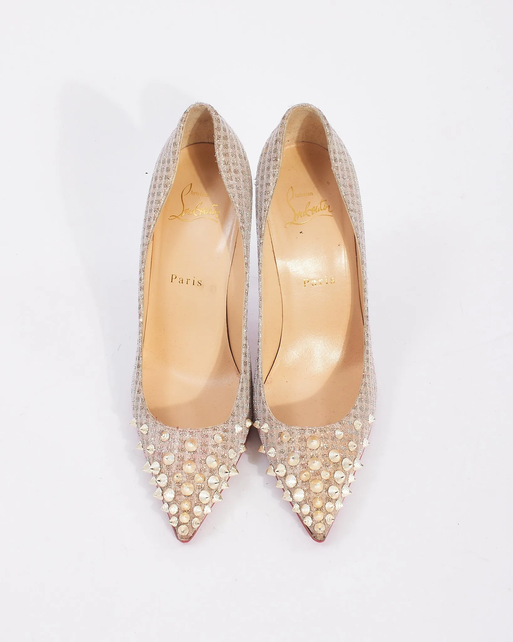 Christian Louboutin Blush/Silver Lame Spike Pointed Toe Pumps - 37.5