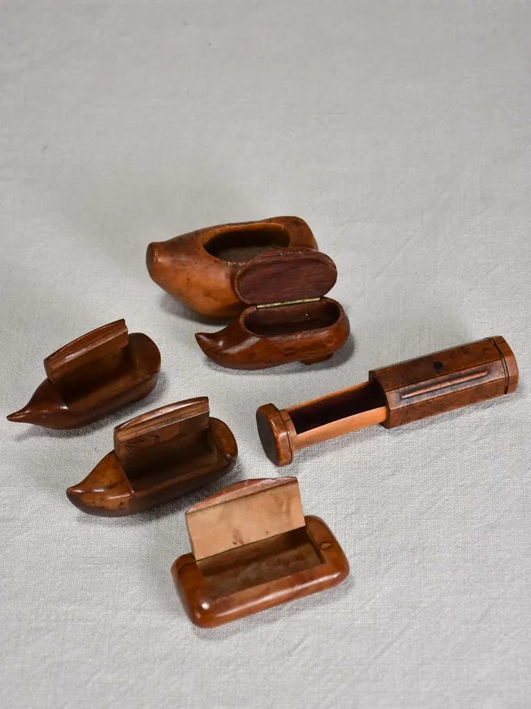 Collection of six tobacco snuff boxes and shoes