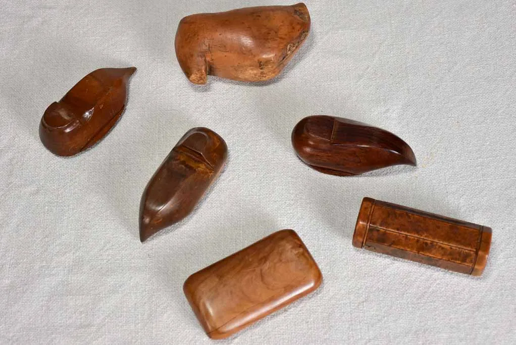 Collection of six tobacco snuff boxes and shoes