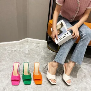 Cozy Towel Sandals And Slippers With Transparent Crystal Heel And Square Toe