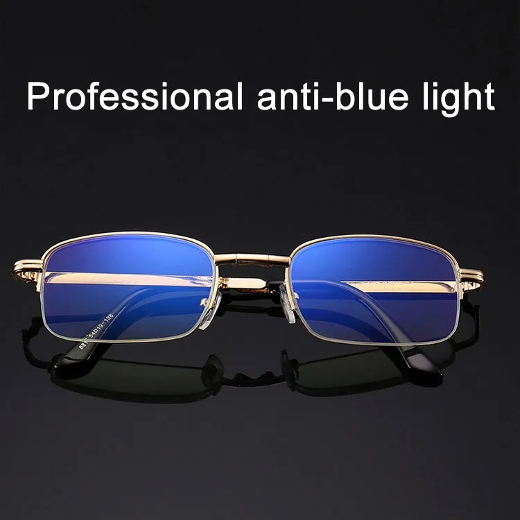 Folding Anti Blue-ray Presbyopic Reading Glasses with Case & Cleaning Cloth,  2.00D(Gold)