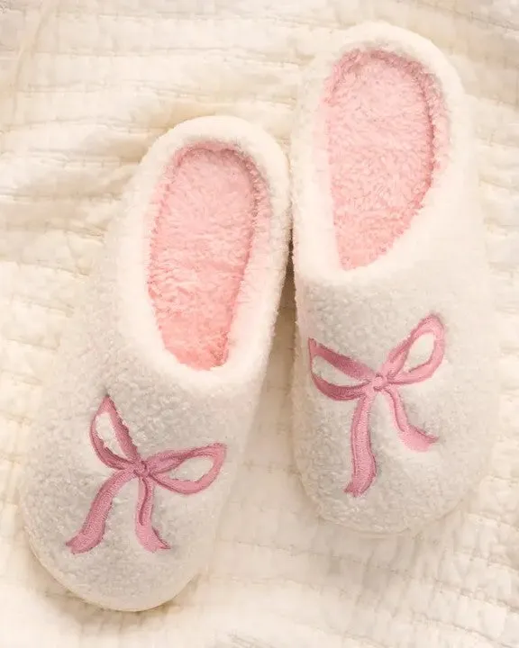 Fuzzy Bow Slippers - Pink