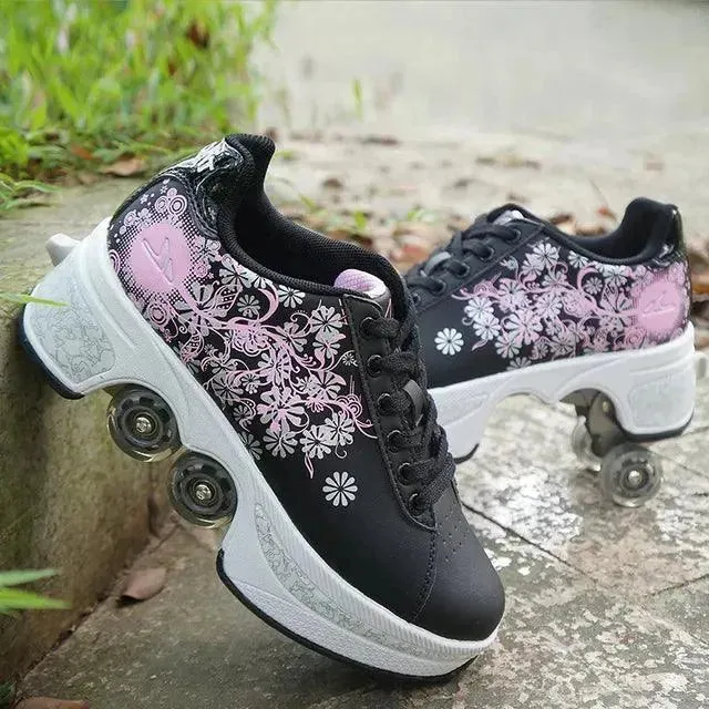 Kick Speed Four-Wheel 2 in 1 Deformation Roller Skate Shoes