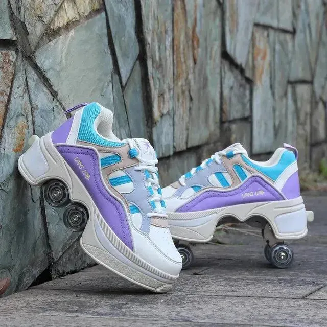 Kick Speed Four-Wheel 2 in 1 Deformation Roller Skate Shoes