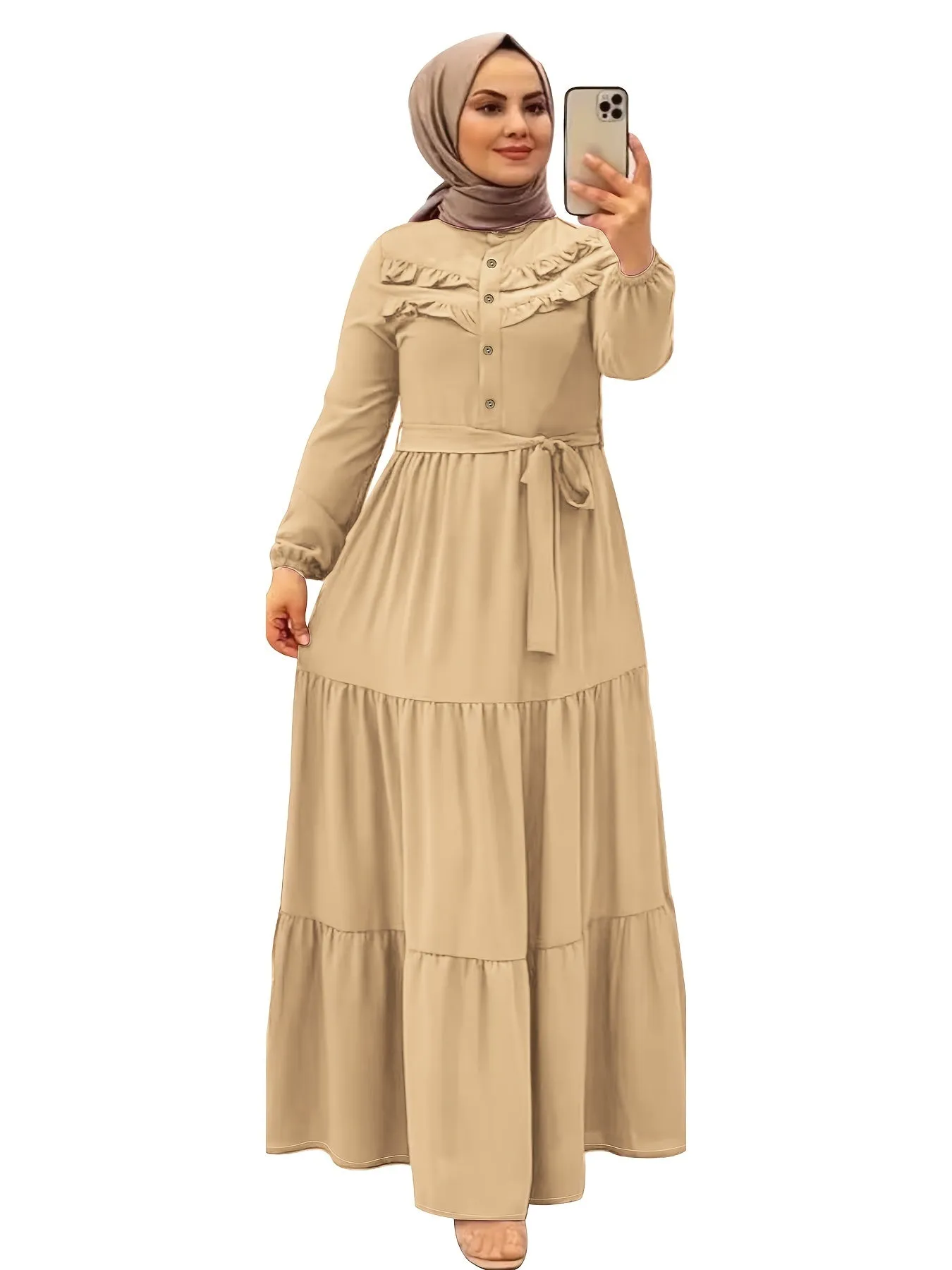 Luxurious Ramadan Kaftan Dress - Flattering Ruffle Trim & Belted Waist - Elegant Long Sleeve Button Front Maxi Dress for Women