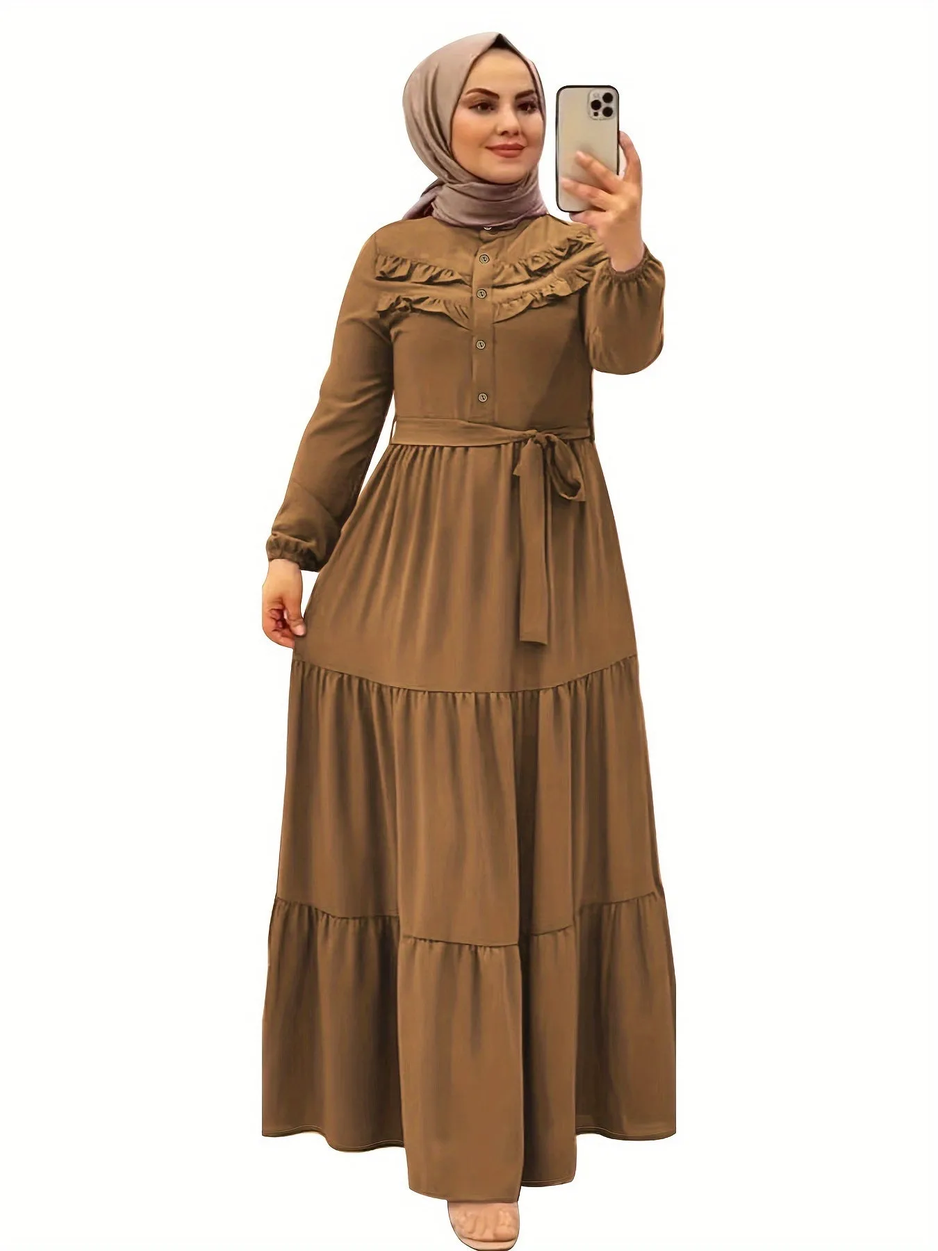 Luxurious Ramadan Kaftan Dress - Flattering Ruffle Trim & Belted Waist - Elegant Long Sleeve Button Front Maxi Dress for Women