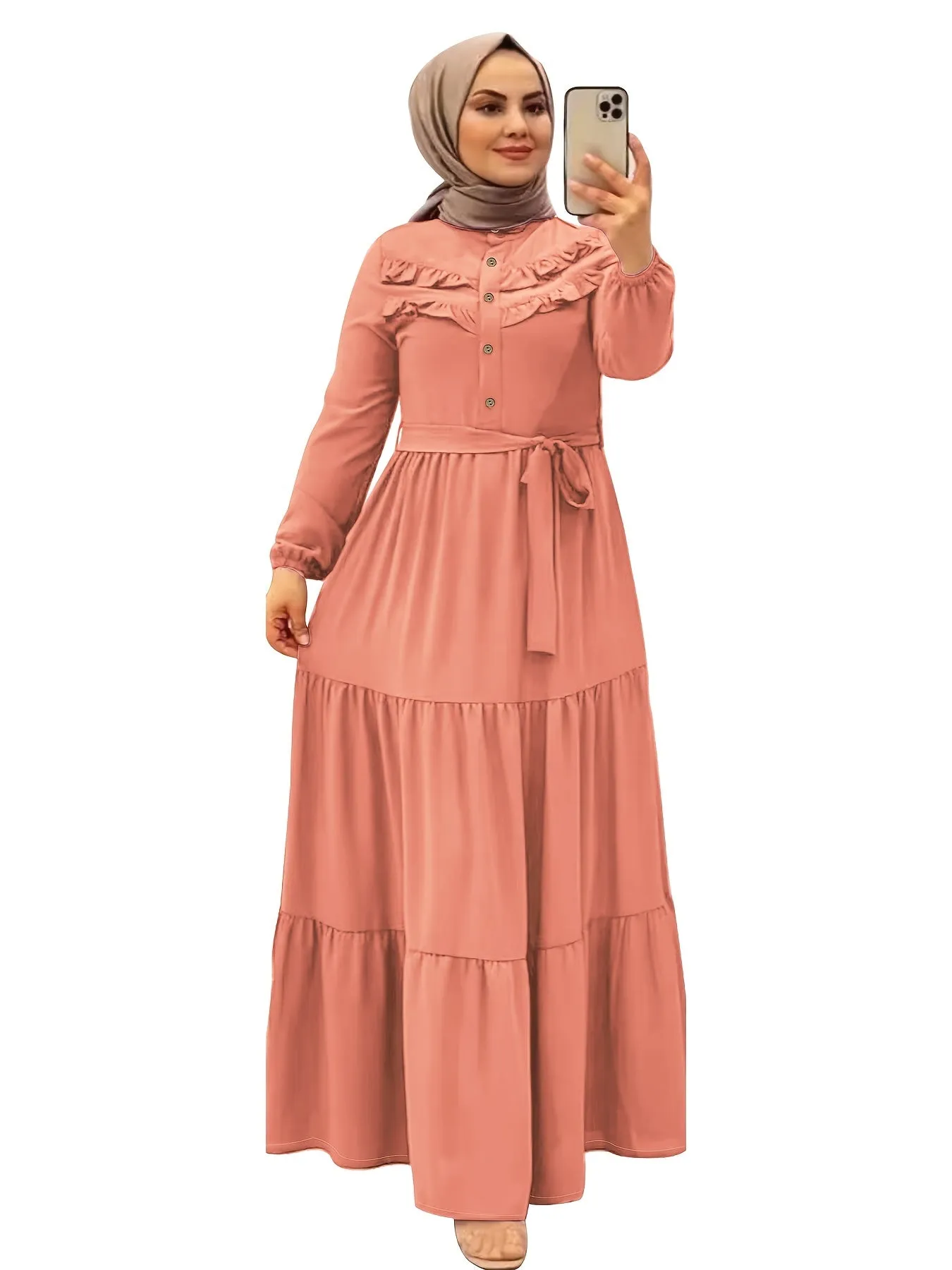 Luxurious Ramadan Kaftan Dress - Flattering Ruffle Trim & Belted Waist - Elegant Long Sleeve Button Front Maxi Dress for Women