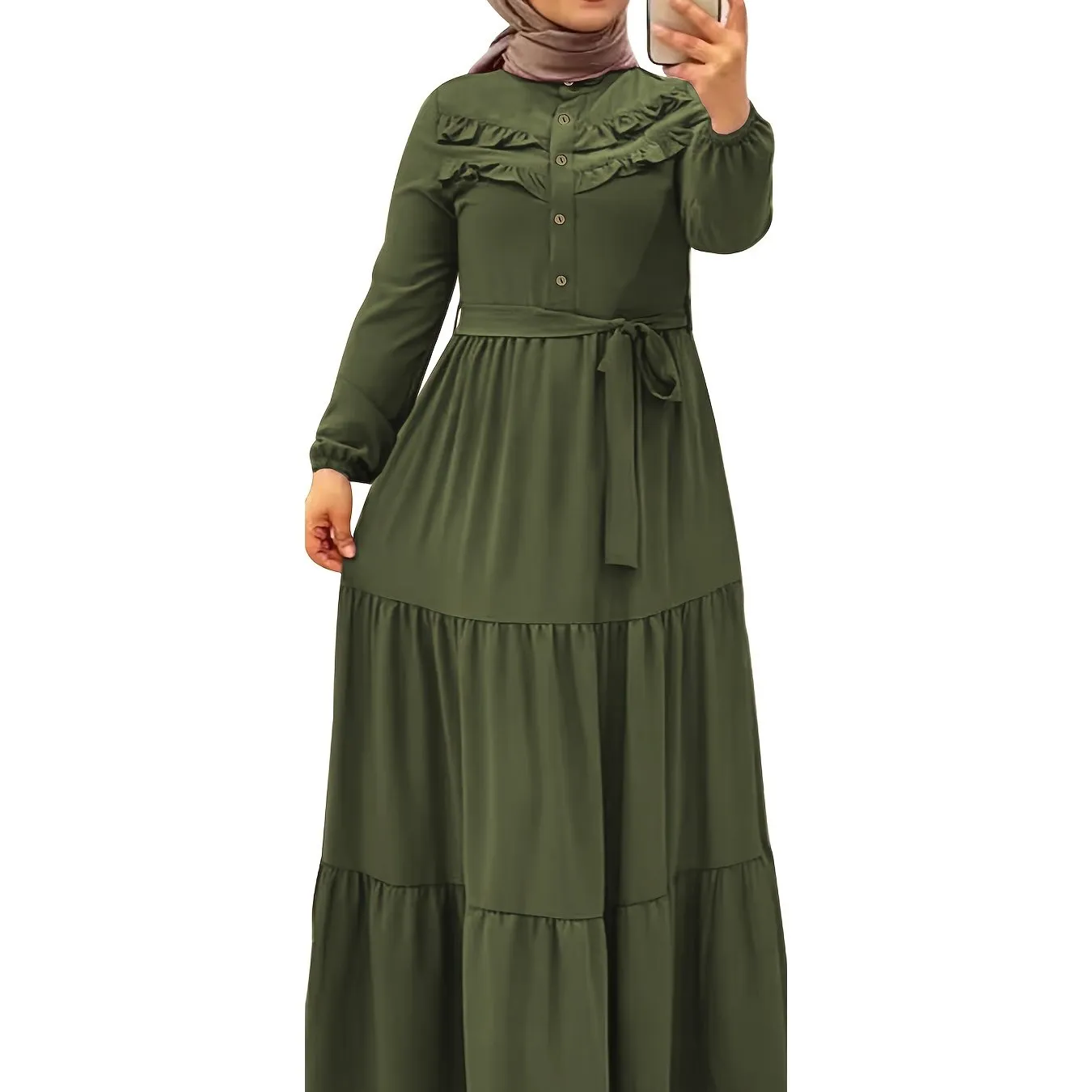 Luxurious Ramadan Kaftan Dress - Flattering Ruffle Trim & Belted Waist - Elegant Long Sleeve Button Front Maxi Dress for Women