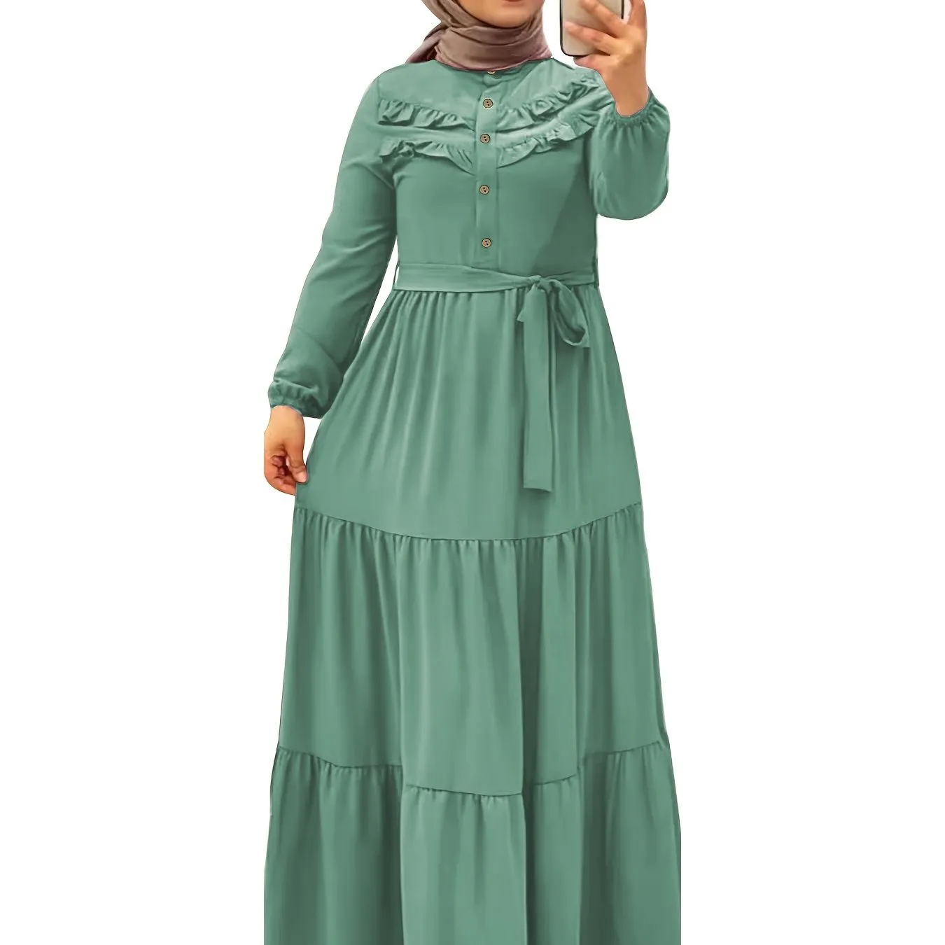 Luxurious Ramadan Kaftan Dress - Flattering Ruffle Trim & Belted Waist - Elegant Long Sleeve Button Front Maxi Dress for Women