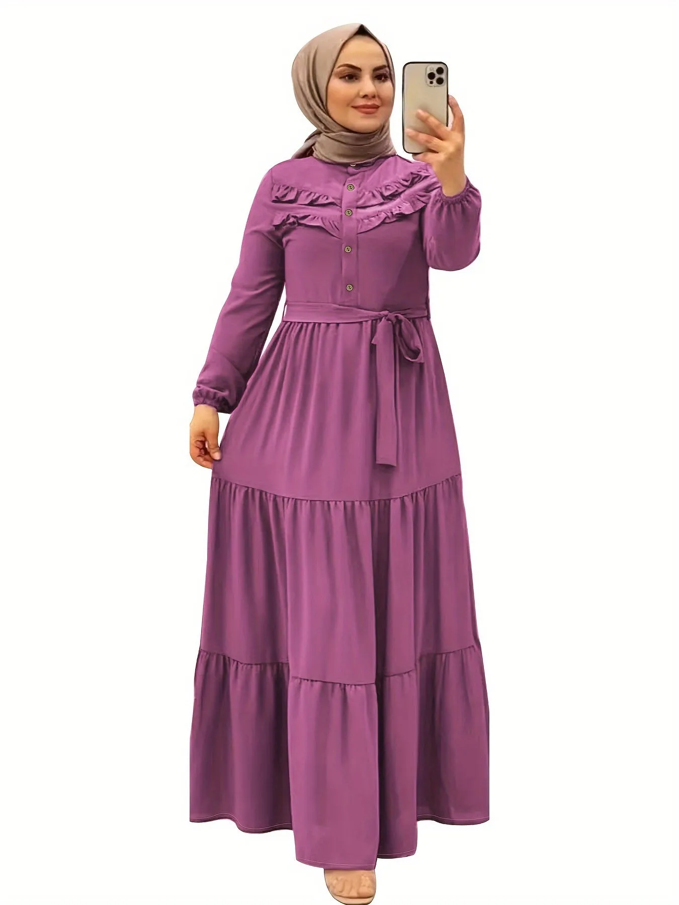 Luxurious Ramadan Kaftan Dress - Flattering Ruffle Trim & Belted Waist - Elegant Long Sleeve Button Front Maxi Dress for Women