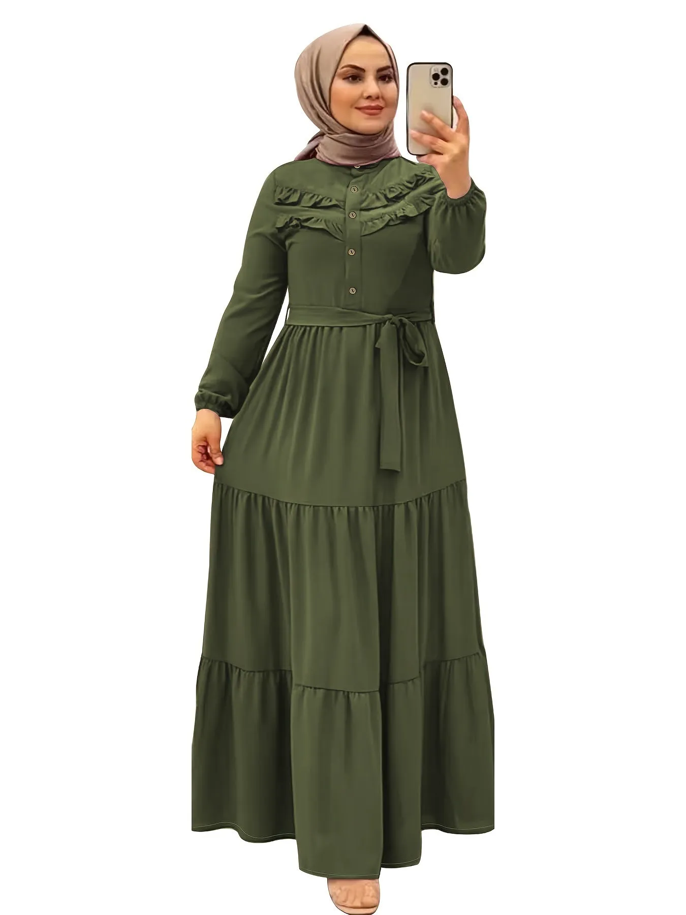 Luxurious Ramadan Kaftan Dress - Flattering Ruffle Trim & Belted Waist - Elegant Long Sleeve Button Front Maxi Dress for Women