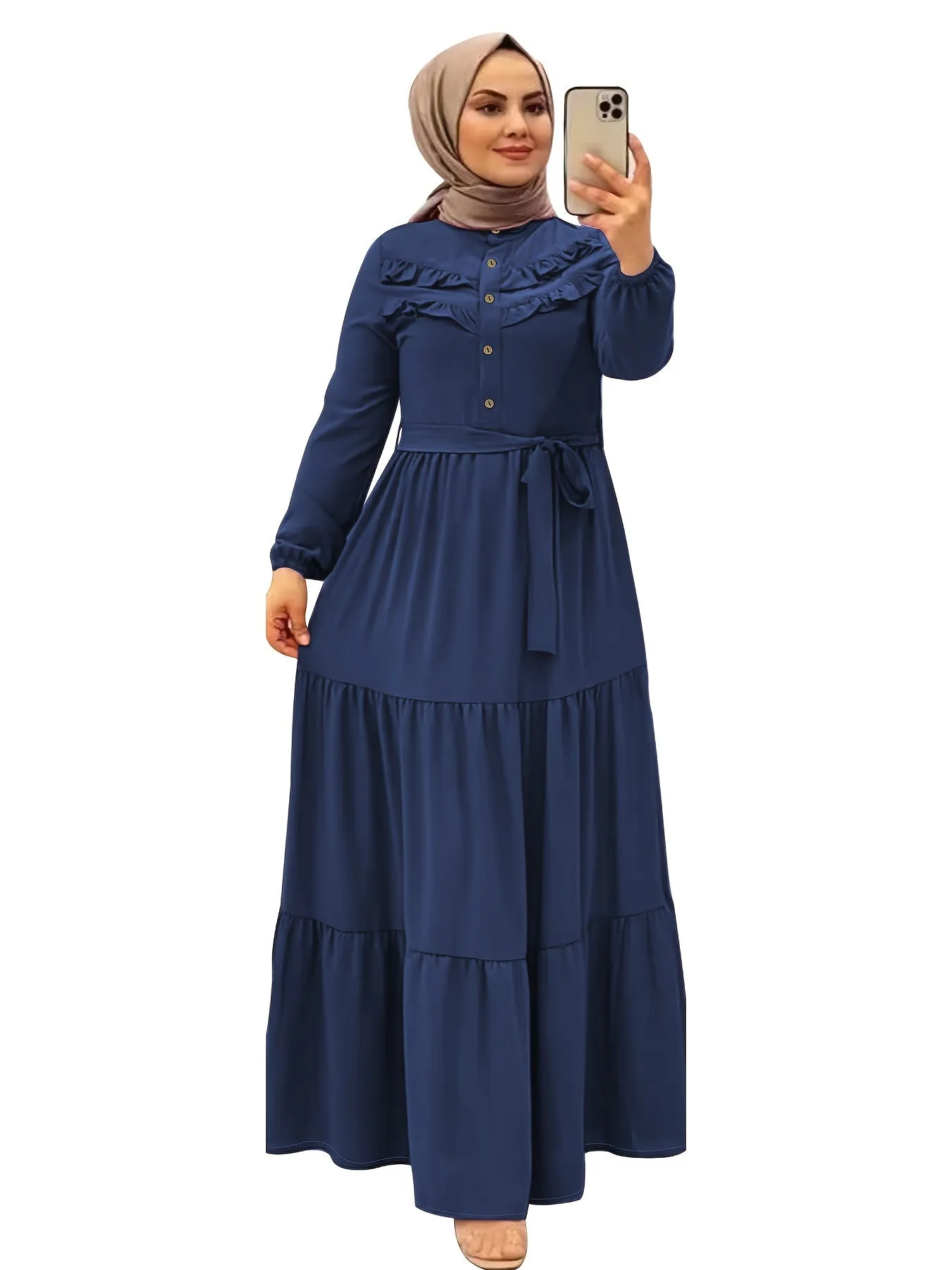 Luxurious Ramadan Kaftan Dress - Flattering Ruffle Trim & Belted Waist - Elegant Long Sleeve Button Front Maxi Dress for Women