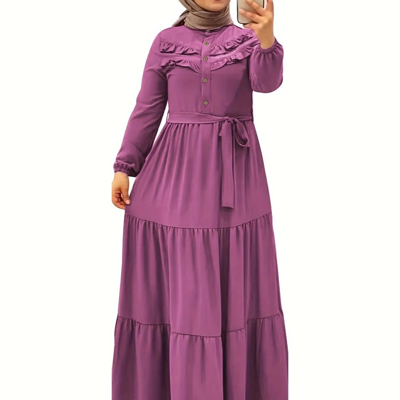 Luxurious Ramadan Kaftan Dress - Flattering Ruffle Trim & Belted Waist - Elegant Long Sleeve Button Front Maxi Dress for Women