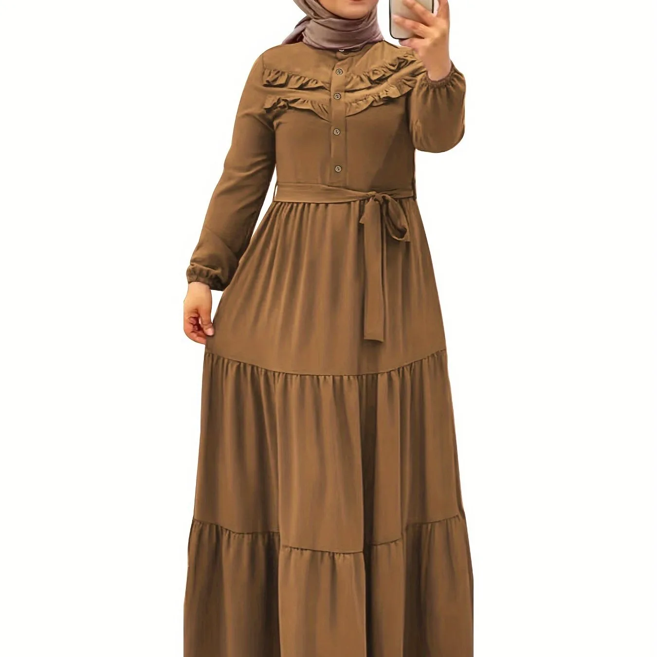 Luxurious Ramadan Kaftan Dress - Flattering Ruffle Trim & Belted Waist - Elegant Long Sleeve Button Front Maxi Dress for Women