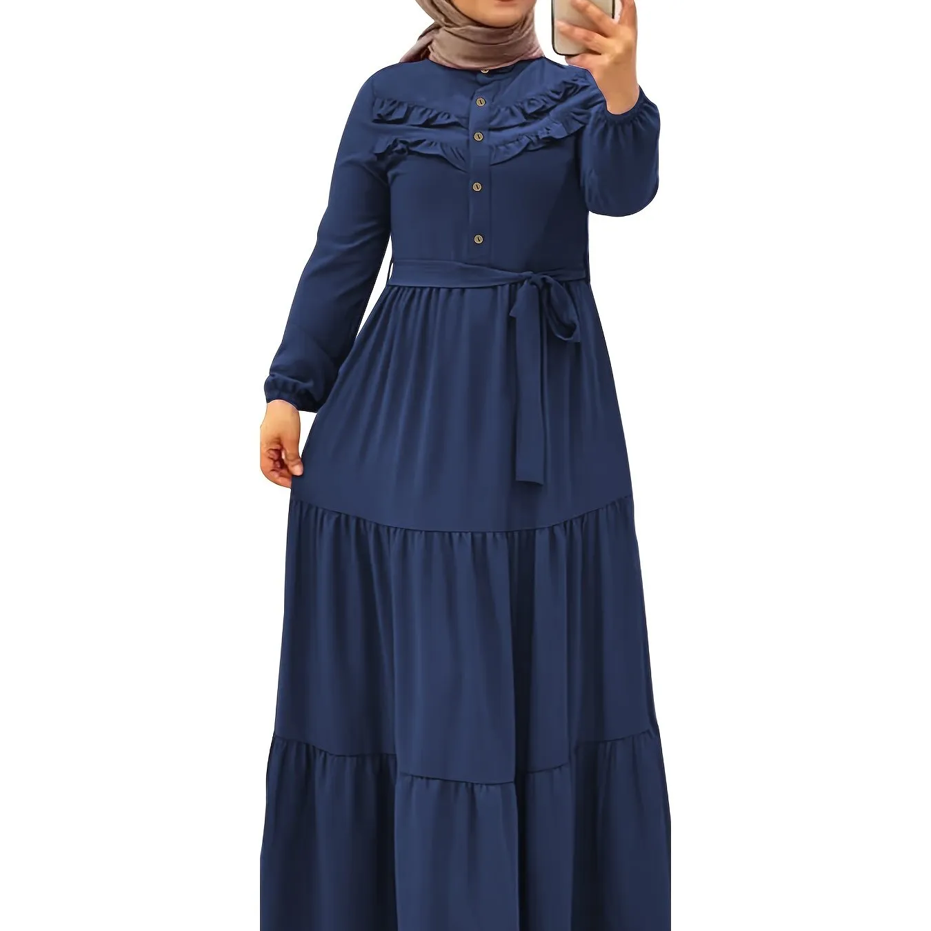 Luxurious Ramadan Kaftan Dress - Flattering Ruffle Trim & Belted Waist - Elegant Long Sleeve Button Front Maxi Dress for Women