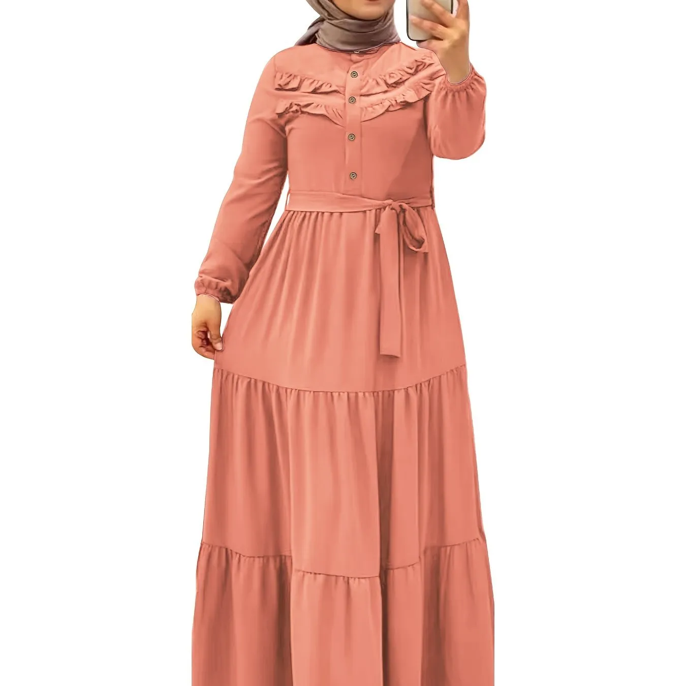 Luxurious Ramadan Kaftan Dress - Flattering Ruffle Trim & Belted Waist - Elegant Long Sleeve Button Front Maxi Dress for Women
