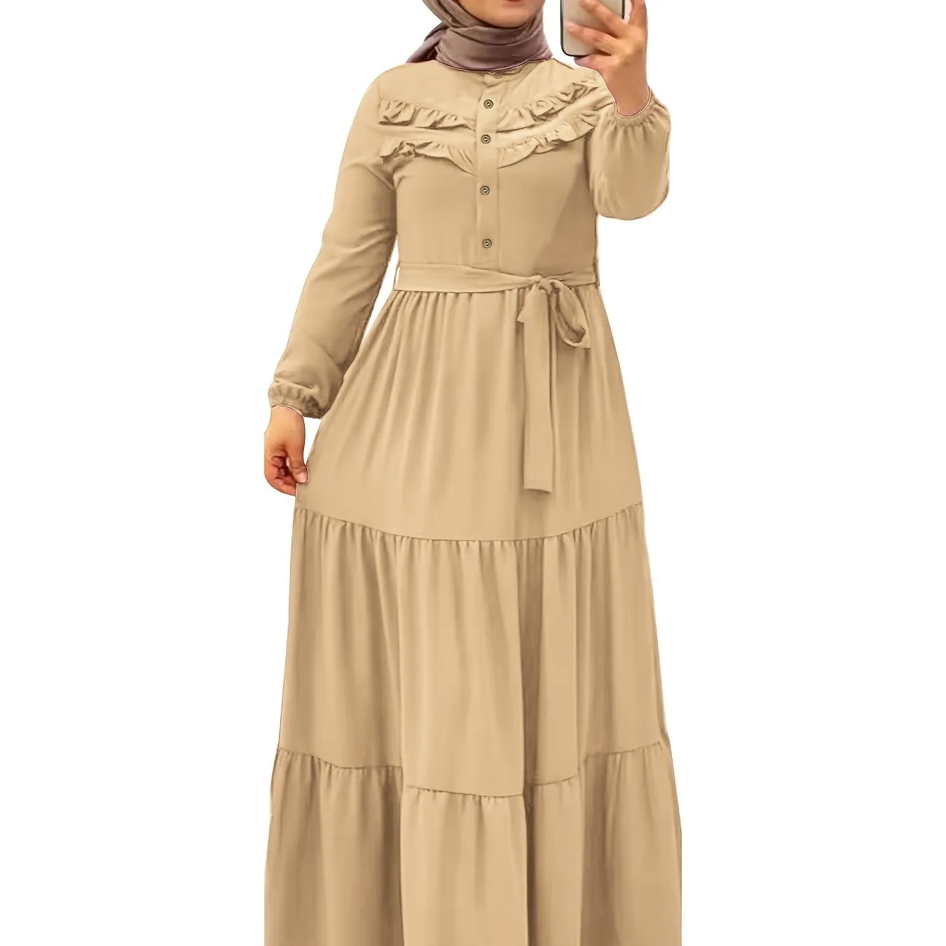 Luxurious Ramadan Kaftan Dress - Flattering Ruffle Trim & Belted Waist - Elegant Long Sleeve Button Front Maxi Dress for Women