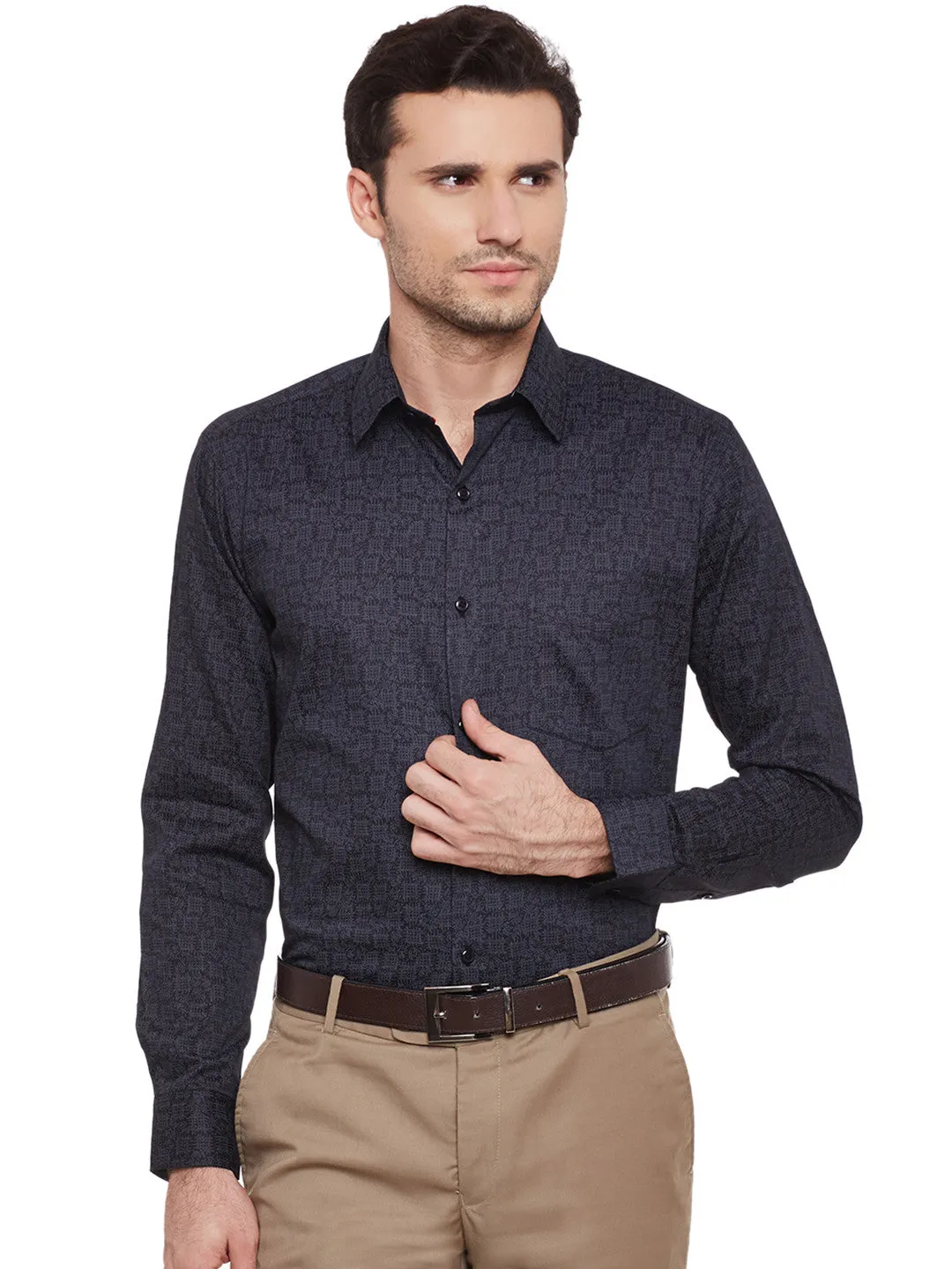 Men Black Printed Cotton Slim Fit Formal Shirt