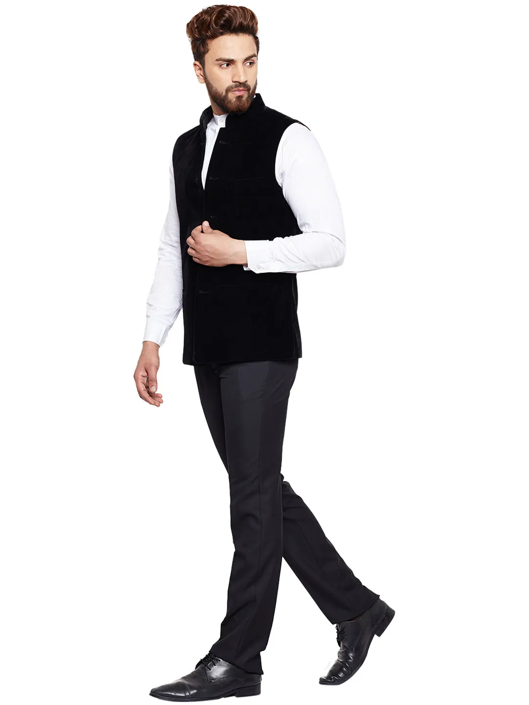 Men Black Solid Velvet Slim Fit Party Wear Nehru Jacket