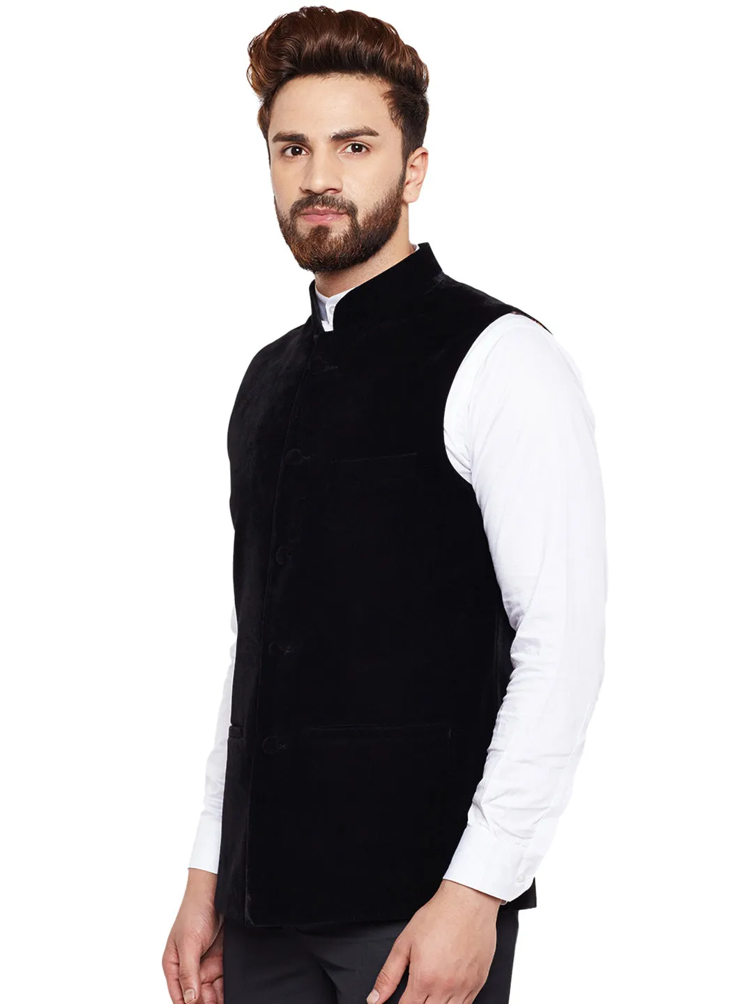 Men Black Solid Velvet Slim Fit Party Wear Nehru Jacket