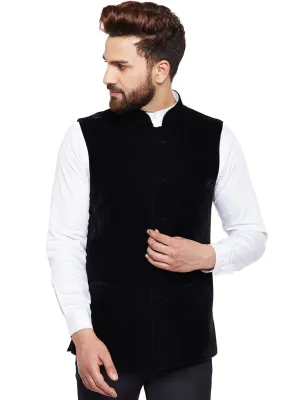 Men Black Solid Velvet Slim Fit Party Wear Nehru Jacket