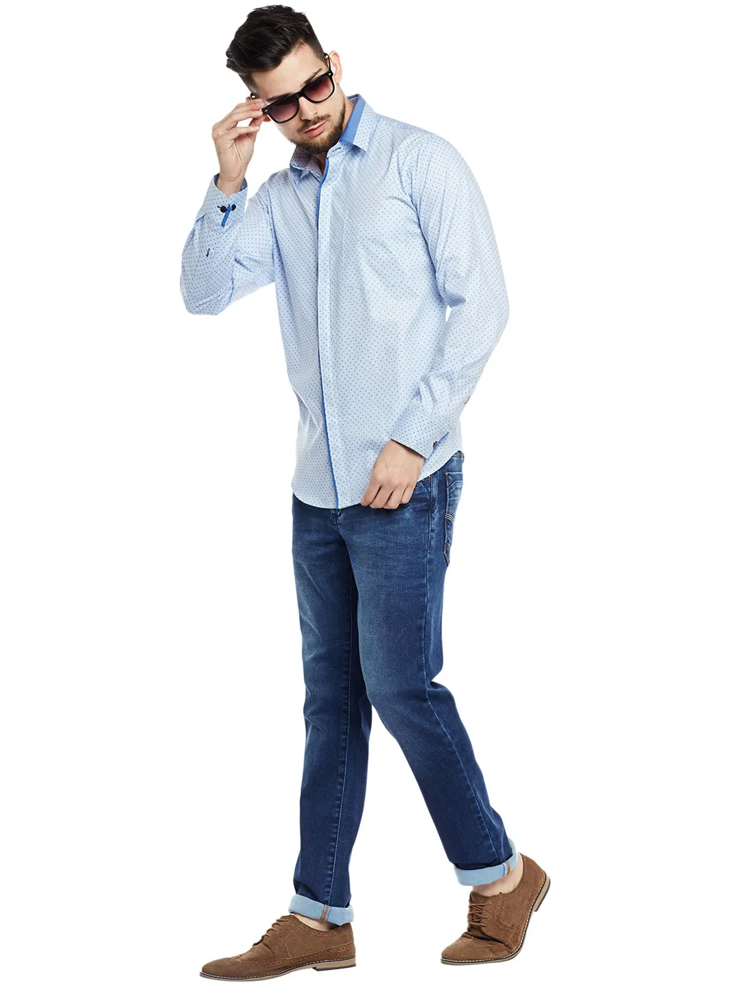 Men Sky Blue Printed Pure Cotton Pure Cotton Slim Fit Party Wear Formal Shirt