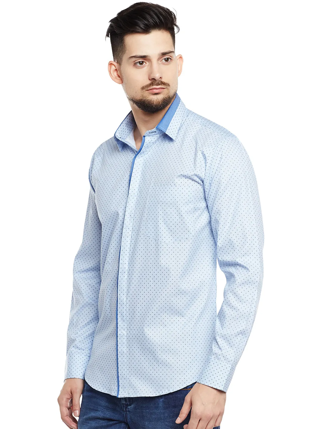 Men Sky Blue Printed Pure Cotton Pure Cotton Slim Fit Party Wear Formal Shirt