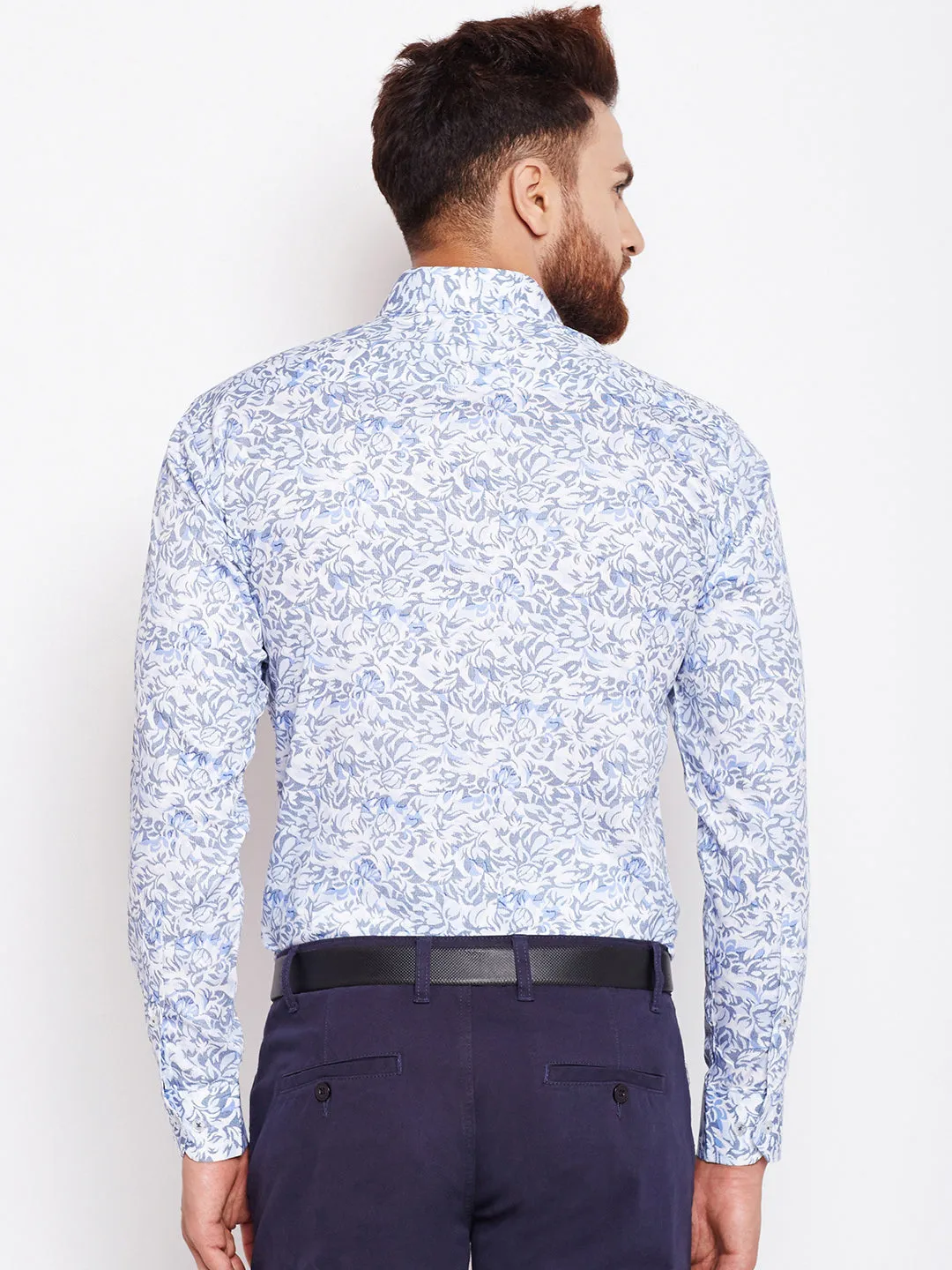 Men White & Blue Printed Pure Cotton Slim Fit Formal Shirt