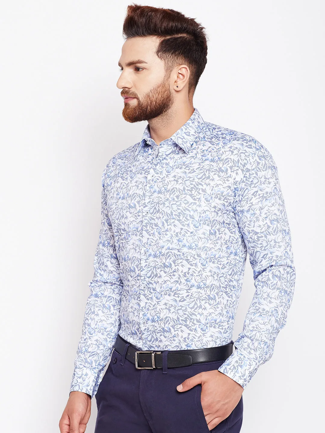 Men White & Blue Printed Pure Cotton Slim Fit Formal Shirt