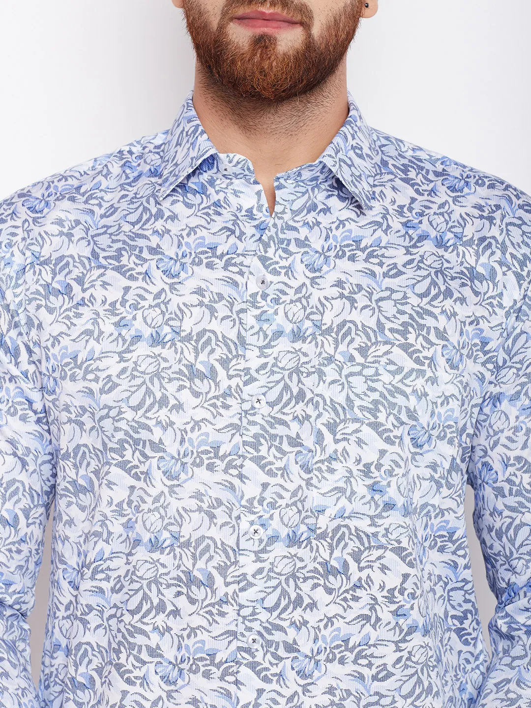 Men White & Blue Printed Pure Cotton Slim Fit Formal Shirt