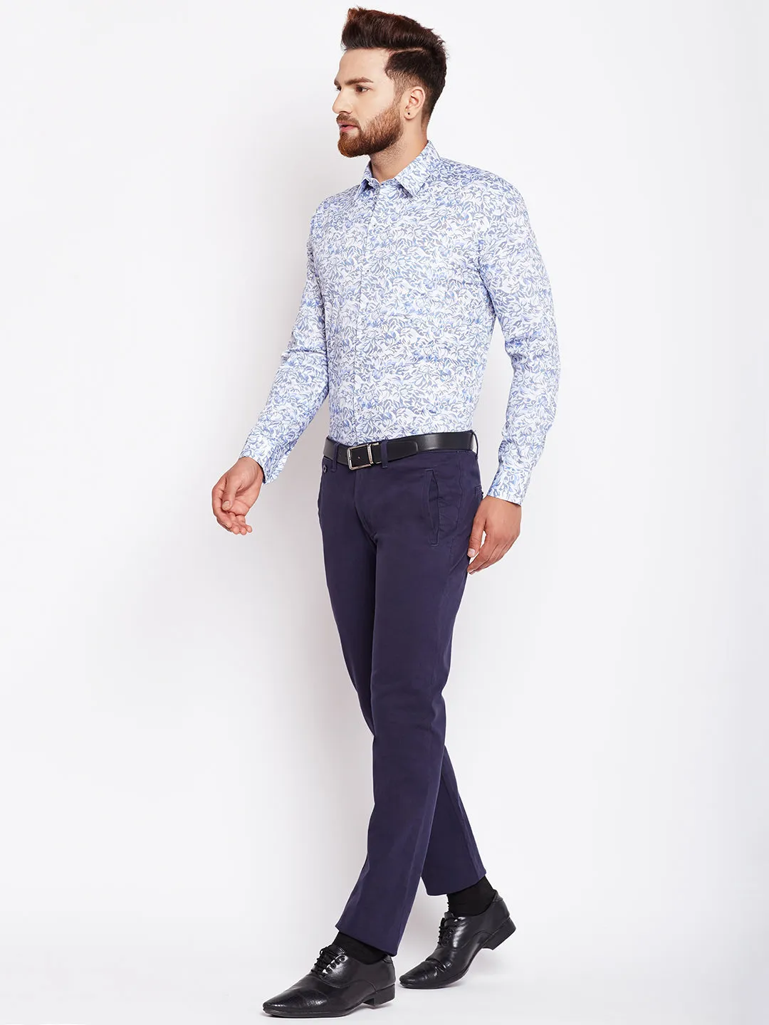 Men White & Blue Printed Pure Cotton Slim Fit Formal Shirt