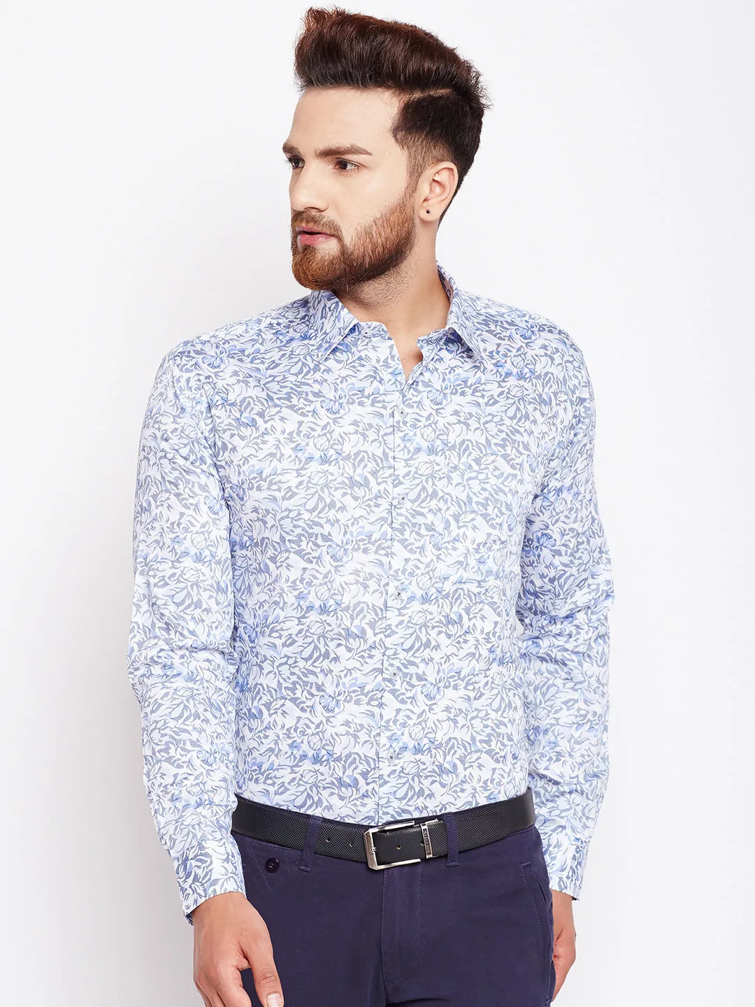 Men White & Blue Printed Pure Cotton Slim Fit Formal Shirt