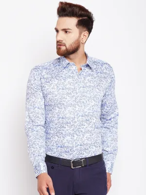 Men White & Blue Printed Pure Cotton Slim Fit Formal Shirt