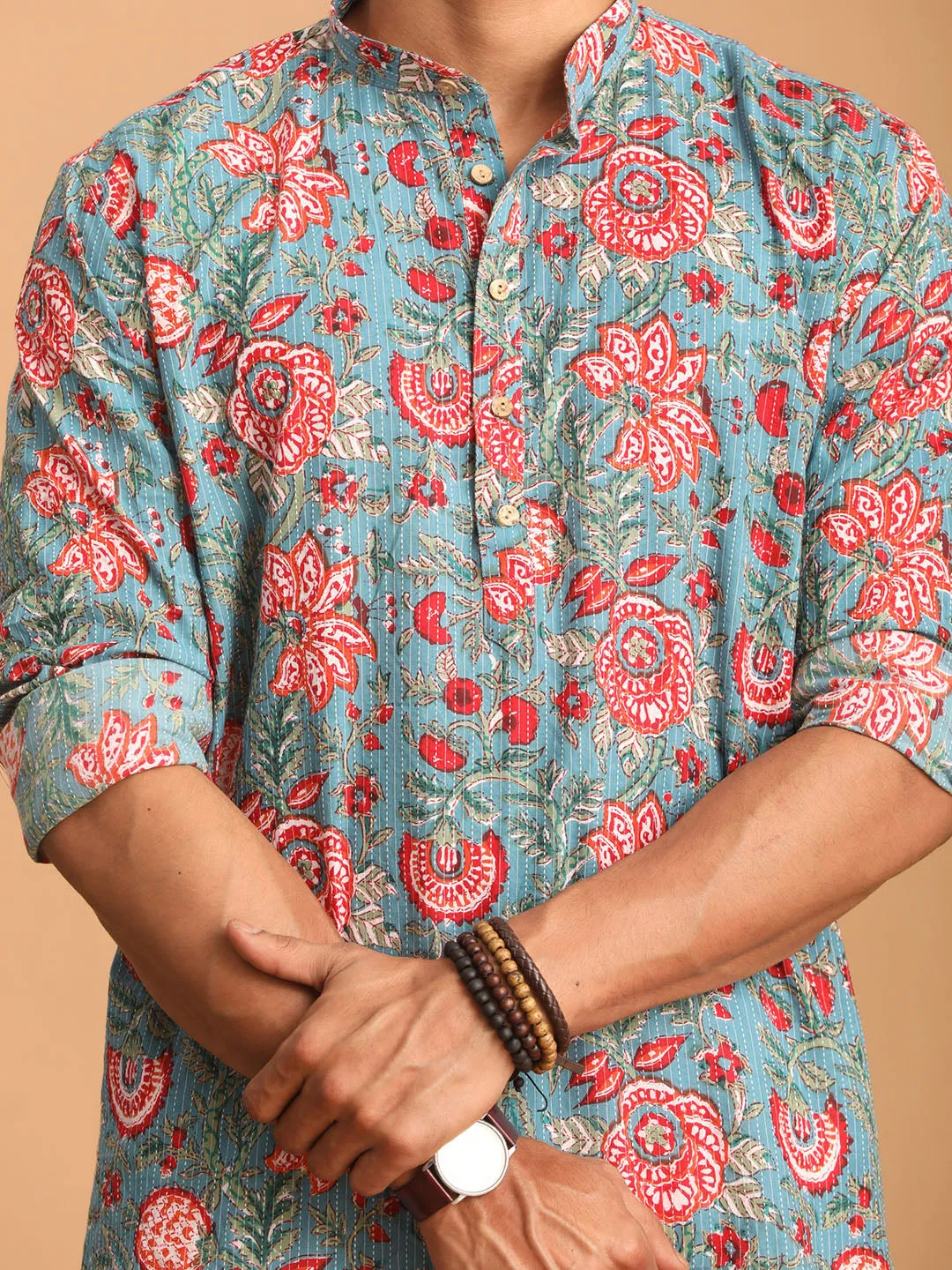 Men's Blue and Red Floral Cotton Kurta