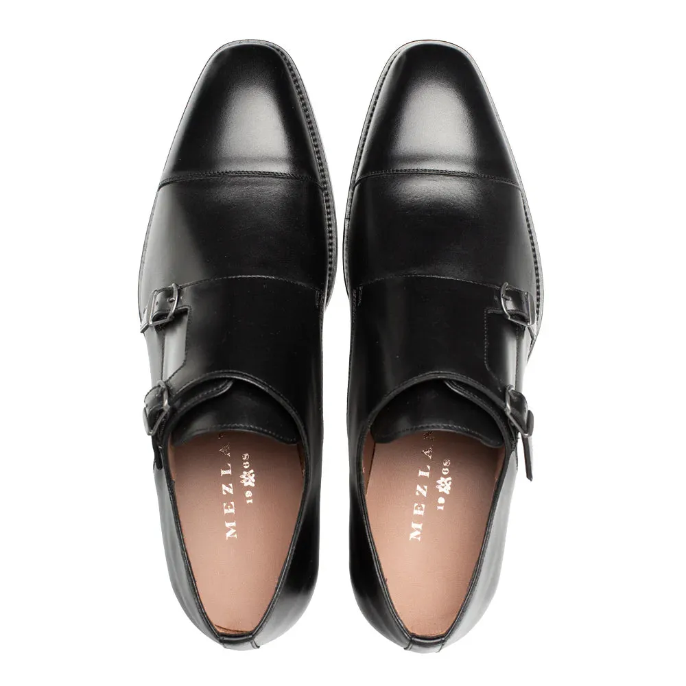 Mezlan Mens Black Cap Toe Double Monk Strap Leather Dress Shoes