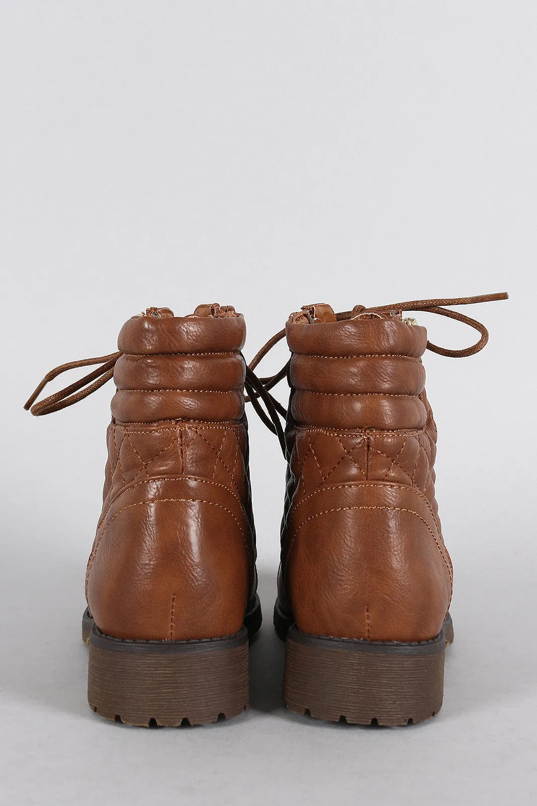 Quilted Zipper Trim Round Toe Lace Up Combat Ankle Boots