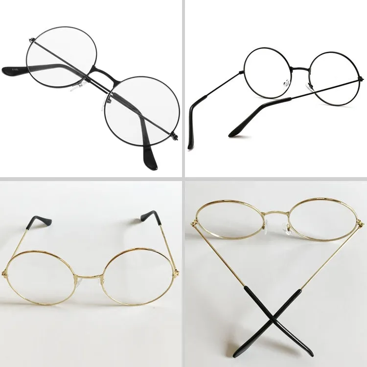 Retro Large Round Eyeglasses Metal Frame Anti Blue-ray Plain Glass Spectacles(Black)